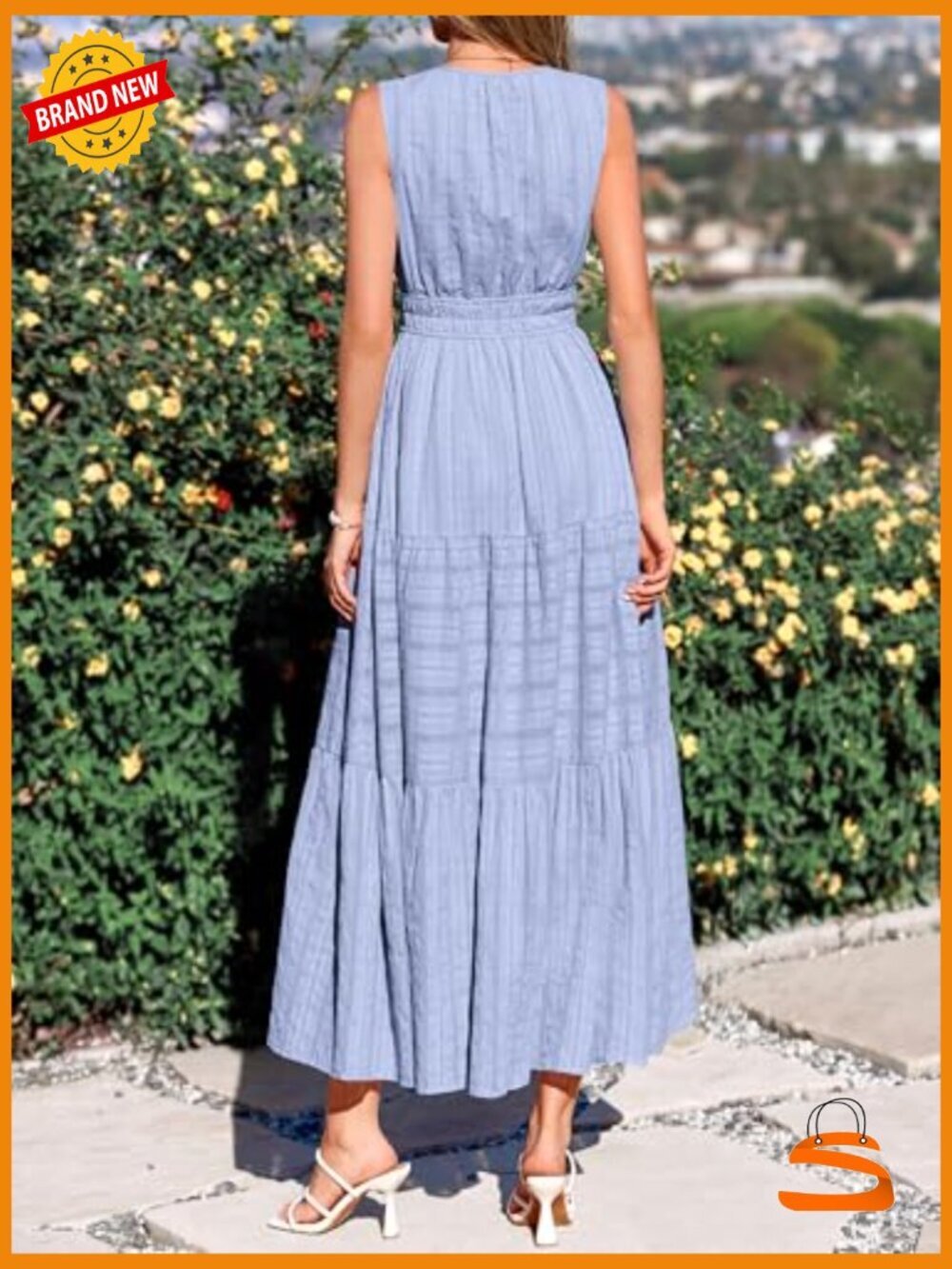 Sleeveless V-Neck Maxi Dress with Pockets Flowy Boho Casual Beach Vacation - Picture 3 of 7
